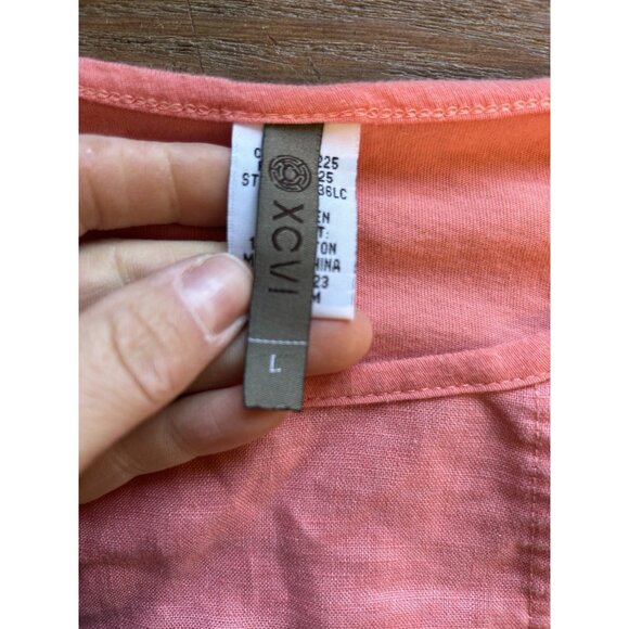 XCVI Linen Crochet Sleeves Contrast Tunic Shirt Pink Coastal - Picture 8 of 9